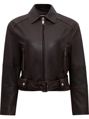 Derimod Love Kadın Kahverengi Gömlek Yaka Vintage Oversize Deri Ceket 25WGD5607VD