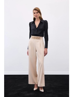 Sateen Kemerli Salaş Pantolon - Bej