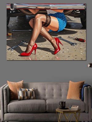 Tamirci Kadın Bacakları Araba Dekoratif Kanvas - Mdf Ahşap Tablo