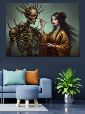 Iskelet ve Kadın Ressam Dekoratif Kanvas - Mdf Ahşap Tablo