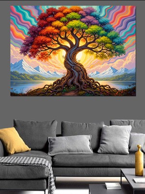 Renkli Hayat Ağacı Çizimi Dekoratif Kanvas - Mdf Ahşap Tablo