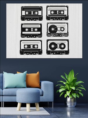 Siyah Beyaz Kaset Deseni Dekoratif Kanvas - Mdf Ahşap Tablo