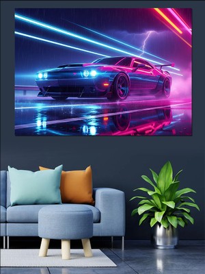 Neon Işıklı Spor Araba Dekoratif Kanvas - Mdf Ahşap Tablo