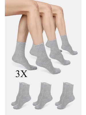 ERENART Bambu Kadın Lastiksiz Gri Fırfırlı Soket Dikişsiz Çorap 3'lü Paket Iz Bırakmaz Sıkmayan Çorap