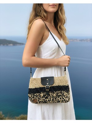 Artepieza Rafya Ip El Örgüsü Deri Kapaklı Omuz Çantası -Rafya Örme Tokalı Kapaklı Şık Çanta 31*19