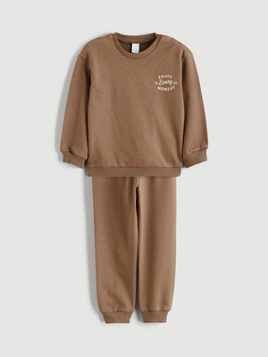 LC Waikiki Kahverengi Baskılı Erkek Bebek Sweatshirt ve Eşofman Alt