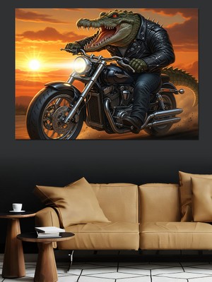 Motosiklet Süren Timsah Dekoratif Kanvas - Mdf Ahşap Tablo