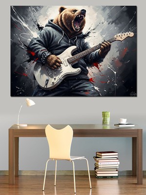 Gitar Çalan Ayı Müzisyen Dekoratif Kanvas - Mdf Ahşap Tablo