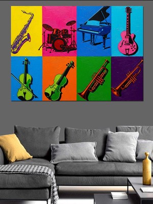 Artmeg Renkli Müzik Aletleri Kolajı Dekoratif Kanvas - Mdf Ahşap Tablo