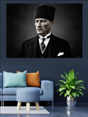 Karizma Tablo Atatürk Siyah Beyaz Fotoğraf Dekoratif Kanvas - Mdf Ahşap Tablo