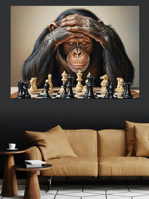 Satranç Oynayan Maymun Düşünceli Dekoratif Kanvas - Mdf Ahşap Tablo