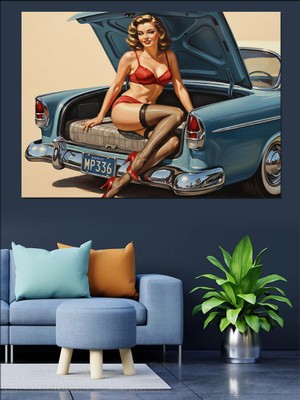 Artmeg Klasik Araba Pinup Kızı Dekoratif Kanvas - Mdf Ahşap Tablo