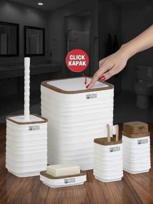 Okyanus Home Beyaz Ahşap Görünümlü Dalgalı Desenli Kare 5'li Banyo Seti