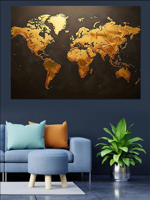 Artmeg Altın Görünümlü Dünya Haritası Dekoratif Kanvas - Mdf Ahşap Tablo