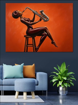 Saksafon Çalan Kadın Silüeti Dekoratif Kanvas - Mdf Ahşap Tablo