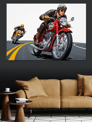 Hızlı Motosiklet Sürücüsü Çizimi Dekoratif Kanvas - Mdf Ahşap Tablo