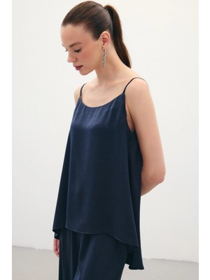 Sateen Askılı Saten Bluz - Lacivert