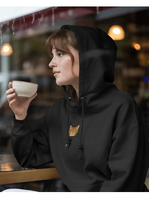 Muhtar Store Turuncu Tekir Kedili Hoodie Unisex %100 Pamuk | Siyah Kapüşonlu Sweatshirt Göğüs Ortası Minimal Logo