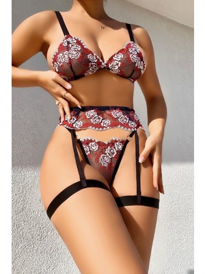 Çamaşır Kenti Arias Closet Fantezi Bacak Bantlı Çiçek Desenli Sütyen Külot Takım