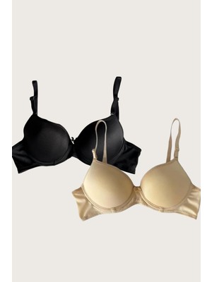 Çamaşır Kenti Arias Closet Siyah-Ten 2'li Mikro Kumaş Push Up Dolgulu Balenli Günlük Destekli Sütyen