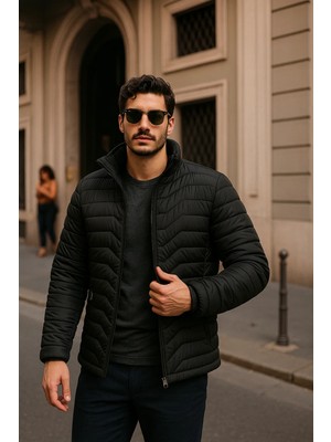 Comstar Erkek Comfort Siyah Şişme Mont Tüm Sezonlar İçin Slim Fit Dik Yaka Tasarım
