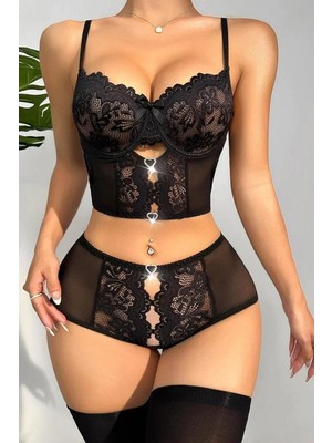 Çamaşır Kenti Arias Closet Özel Bölgesi Açık Siyah Dantelli Fantezi Büstiyer Takım