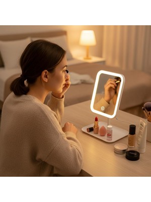 Urfakent Buffer® Dokunmatik LED Işıklı Kare Makyaj Aynası – Altı Organizer Kaseli, Ayarlanabilir Aydınlatmalı Masaüstü Makyaj ve Cilt Bakım Aynası