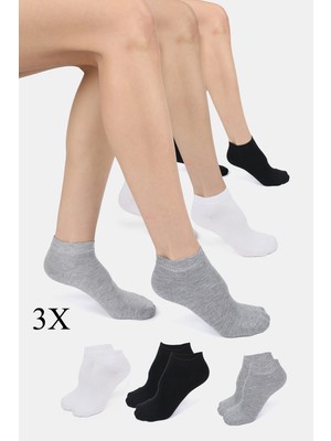 ERENART Bambu Kadın Patik Düz Siyah-Beyaz-Gri Çorap Dikişsiz Premium 3'lü Paket