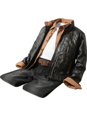 Cool Exclusive Erkek Çocuk 5 Parça Şık Bayramlık Takım | Deri Ceket, Gömlek, T-Shirt, Pantolon ve Kemer