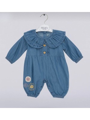 Mutlu Bebe Kız Bebek Nakışlı Pamuklu Sevimli Kot Tulum