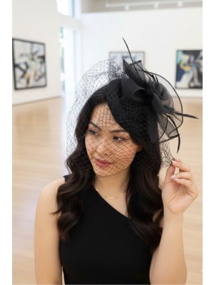 Siyah Gül Tasarımlı Tüllü Vualet Şapka - Puantiyeli Fileli Nikah ve Davet Fascinator