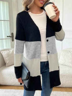 Martcini Kadın Uzun Kollu Çok Renkli Önden Düğmeli Uzun Ceket