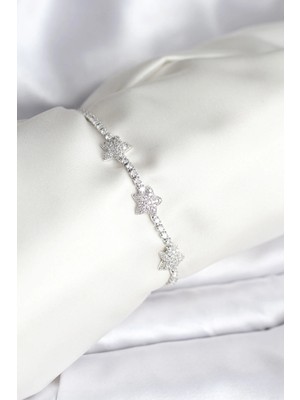 Butik Yıldız Model Zirkon Taşlı Gümüş Renk Pirinç Su Yolu Kadın Bileklik