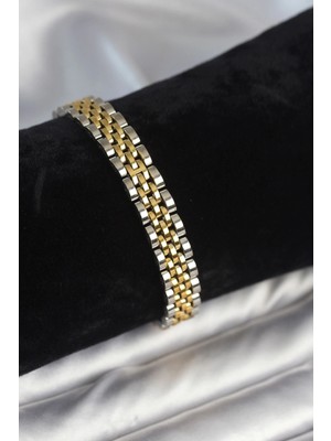 Butik 316L Çelik 9 mm Kalınlıkta Gold ve Gümüş Renkli Erkek Bileklik