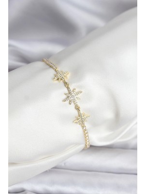 Butik Kutup Yıldızı Model Zirkon Taşlı Gold Renk Su Yolu Kadın Bileklik