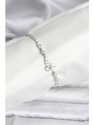 Butik Çiçekli Model Zirkon Taşlı Gümüş Renk Su Yolu Kadın Bileklik