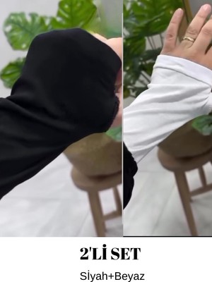 Hanique Parmak Geçmeli Penye Tesettür Siyah-Beyaz Kolluk 2'li Set-Tesettür Kolluk-Tesettür Eldiven Set