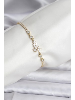 Butik Çiçekli Model Zirkon Taşlı Gold Renk Su Yolu Kadın Bileklik