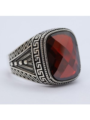 Canka Kırmızı Taşlı 925 Ayar Gümüş Erkek Yüzük