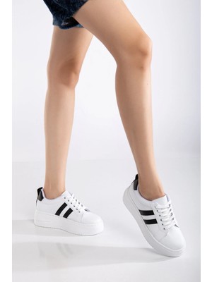 Erceka Kadın Spor Ayakkabı Sneaker Günlük Kullanıma Uygun  Bağcıklı  Beyaz Siyah Kırmızı & Mavi