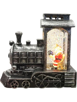 Işıklı Yılbaşı Treni Kar Küresi Gümüş Gri Ahşap Dekoratif Biblo Modern Tasarım