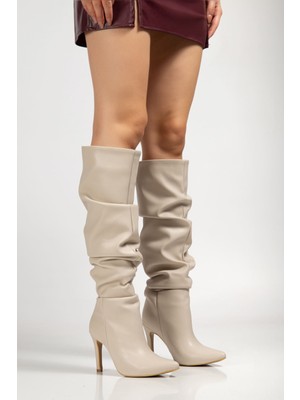 Shemard SYT-2003 Bej Körüklü Ince Topuklu Günlük Bayan Çizme