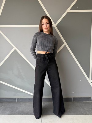 A.T. Kids-Women Yüksek Bel Bağcıklı Wide Leg Siyah Jean Pantolon