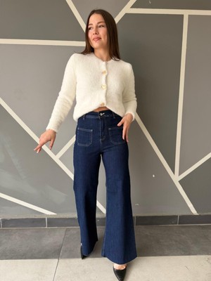 A.T. Kids-Women Yüksek Bel Ön Cep Detaylı Ispanyol Paça Lacivert Kadın Jean Pantolon