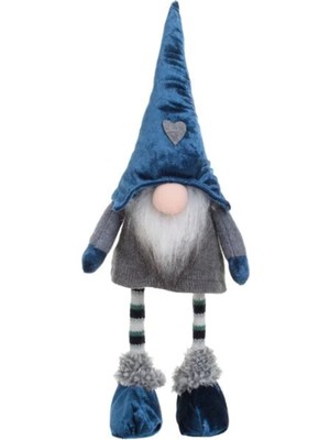 Yılbaşı Temalı Gri Paltolu Mavi Şapkalı Kalpli Dekoratif Cüce