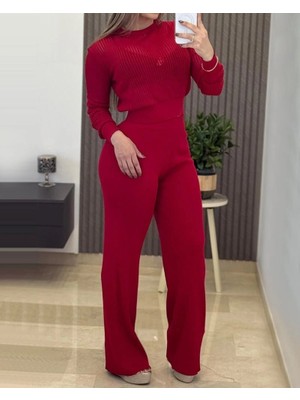 Çamaşır Kenti Kadın Uzun Kollu Yuvarlak Yaka Transparan Detaylı Triko Bluz ve Pantolon Ikili Takım