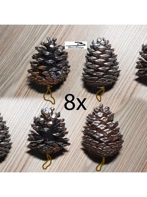 Yılbaşı Çam Ağacı Süs Kozalakları, 8'li Gümüş Yaldızlı Ip Askılı Biblo