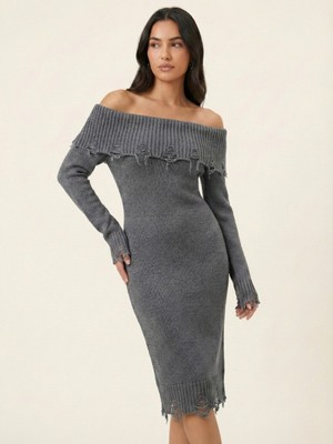 İnci Zehra Kadın Madonna Yaka Triko Elbise