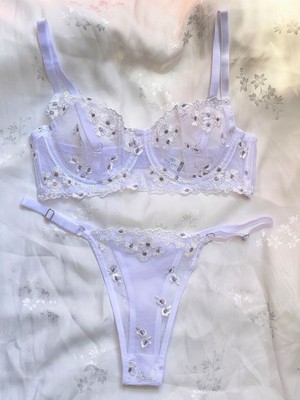 Nakışlı Transparan Dantel Sütyen & Külot Takımı Desteksiz Balenli