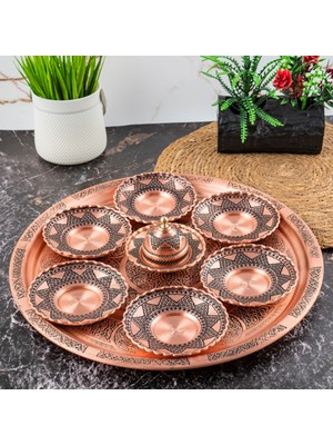 Dmt Copper Home Kutulu El Yapımı Bakır Çay Tabağı Seti – Tepsili & Şekerlikli (6 Kişilik)(Kutulu)
